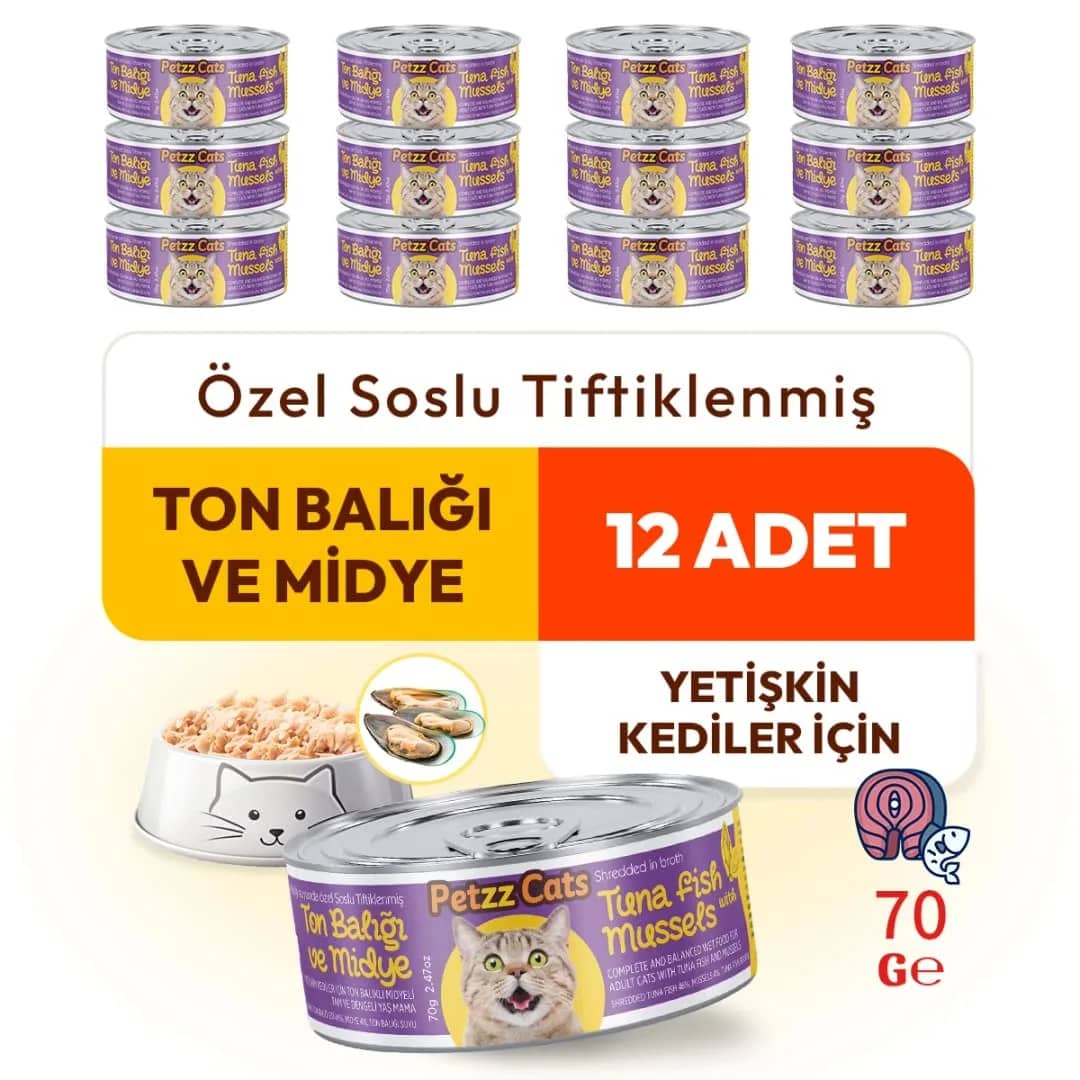 PetzzCats Lezzetli Sos İçinde Taze Fileto Ton Balıklı ve Midyeli Konserve Kedi Maması