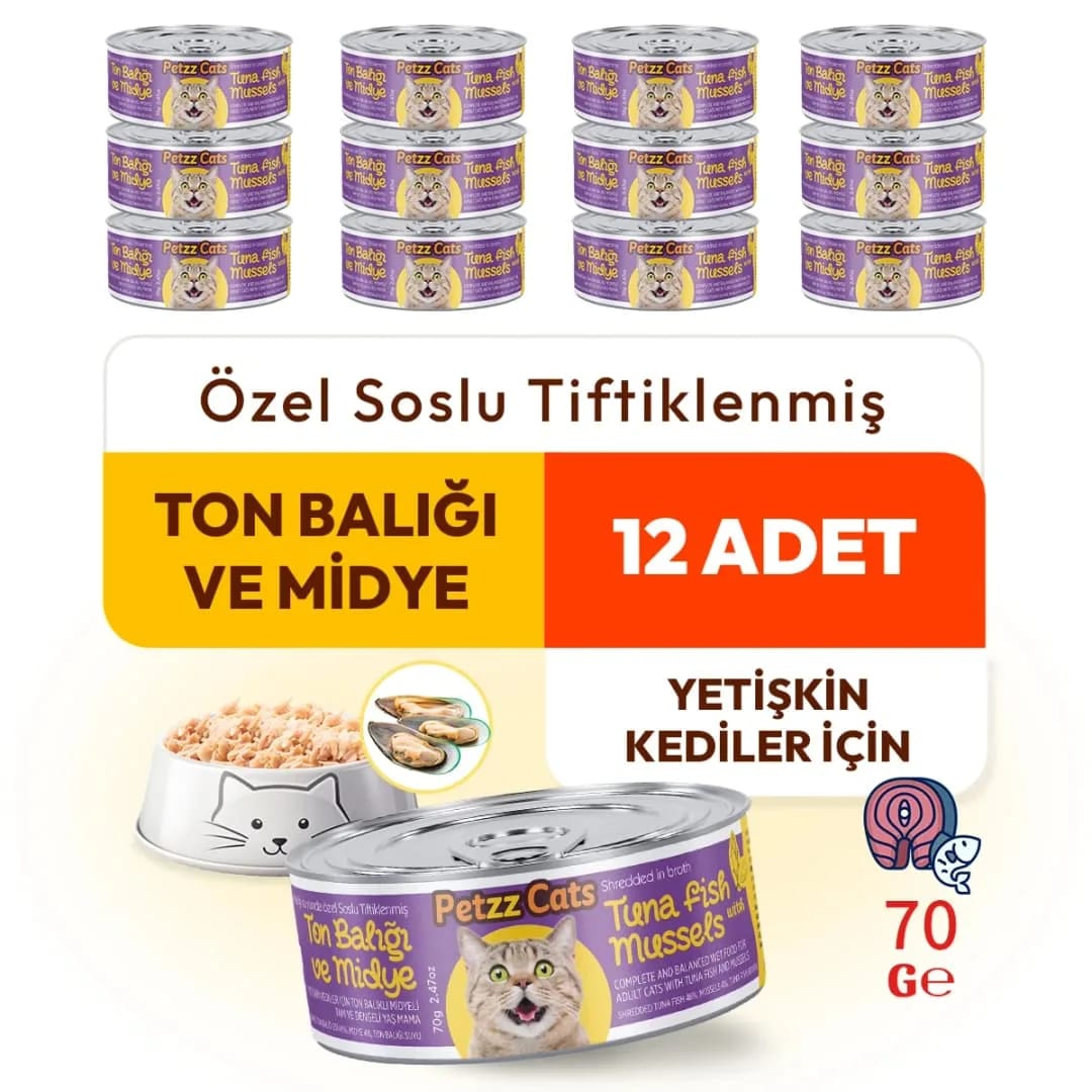 PetzzCats Lezzetli Sos İçinde Taze Fileto Ton Balıklı ve Midyeli Konserve Kedi Maması